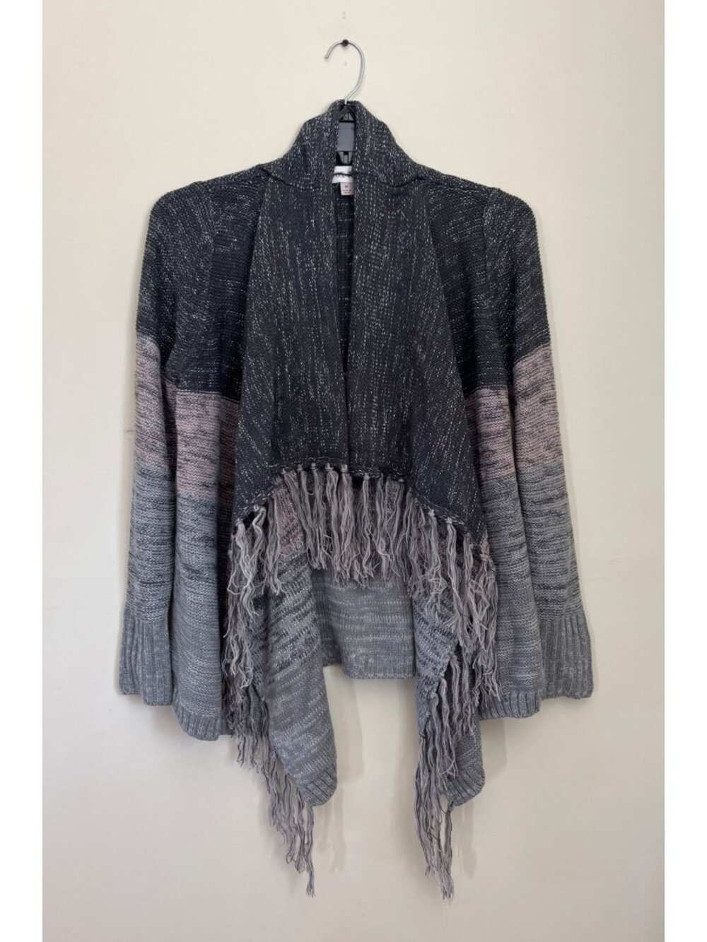 Knox Rose Womens Medium Open Front Cardigan Colorblock Fringe Metallic Threads
